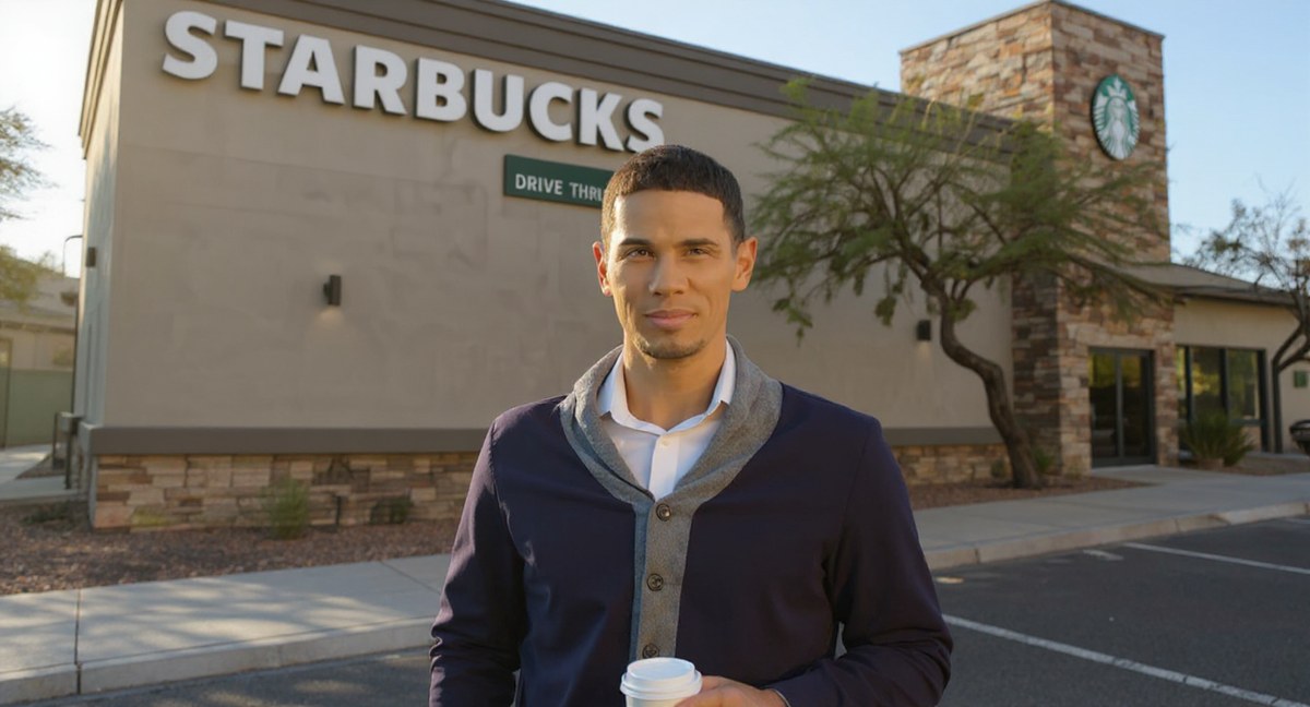 Wayne with a coffee outside the Starbucks on Town Center Drive, Summerlin