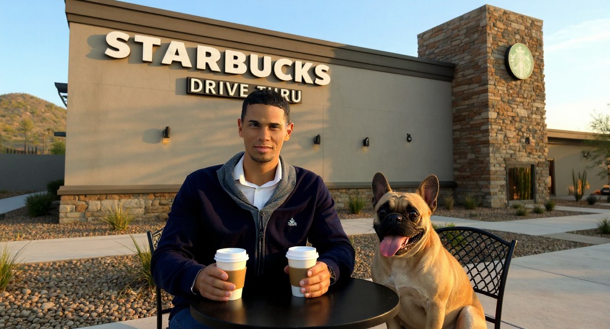 Wayne and Ollie the French Bulldog at the Starbucks patio on Town Center Drive